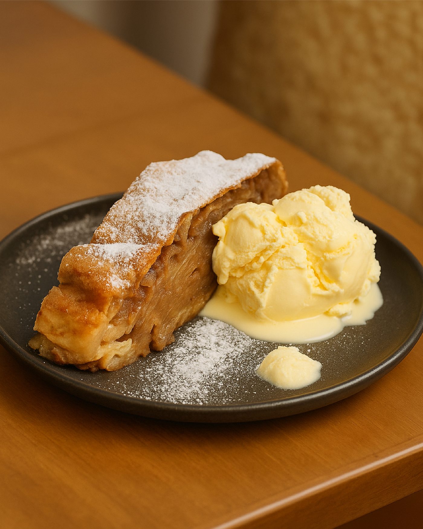 Fatia de Apfelstrudel com sorvete de creme